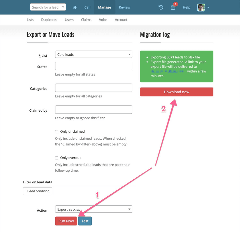 Generate and download export file.