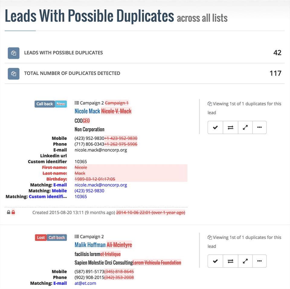 Example duplicate report in Myphoner